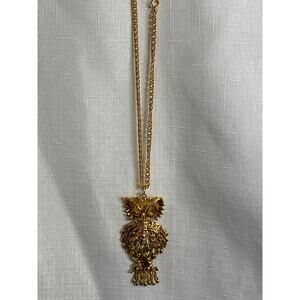 Owl Pendant Necklace Goldtone Articulated Yellow Eyes 3.25 in owl 23 in chainEUC